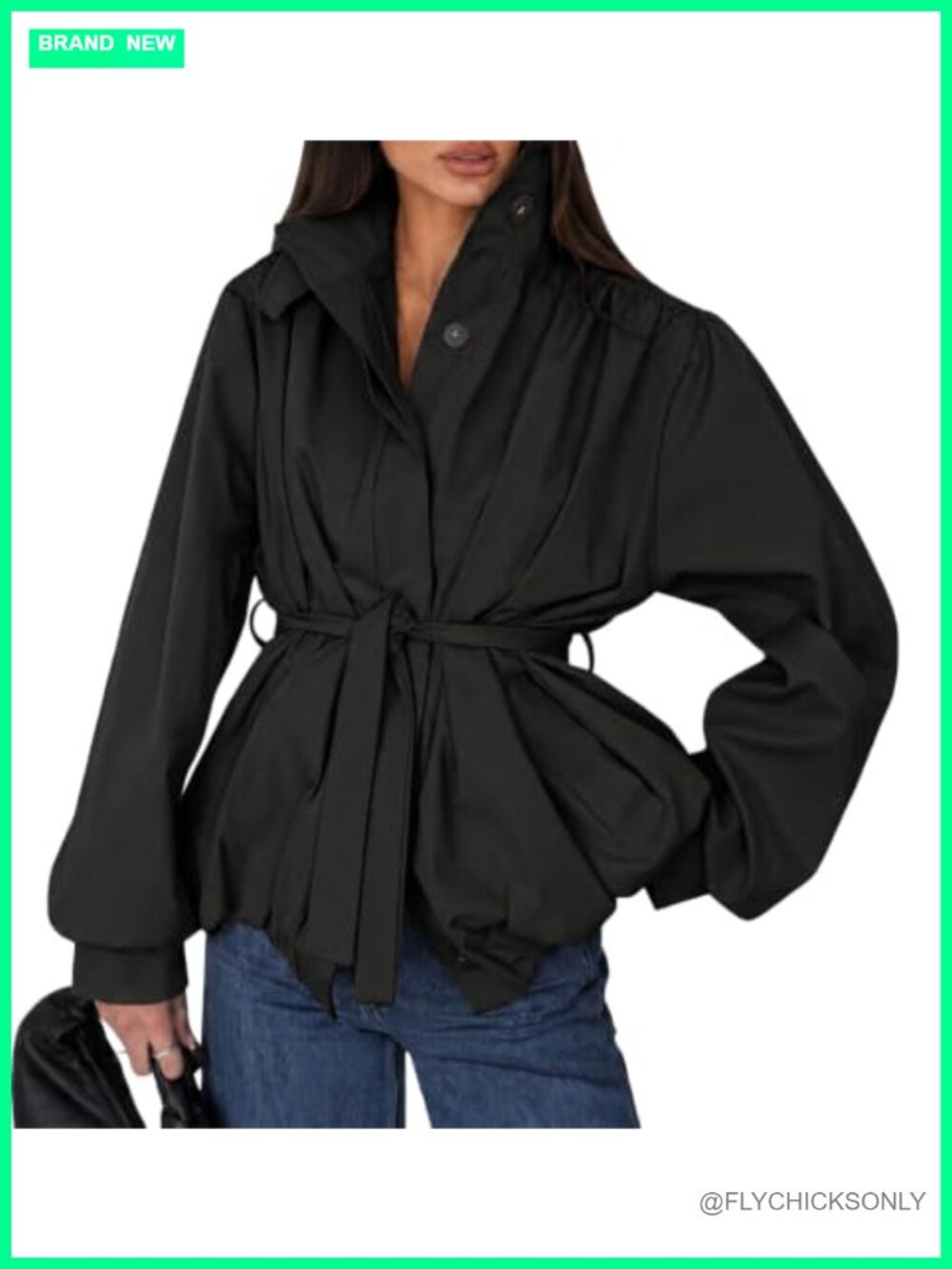 Women's Belted Trench Coat Button Down Casual Jacket Puff Sleeve Fall Outerwear